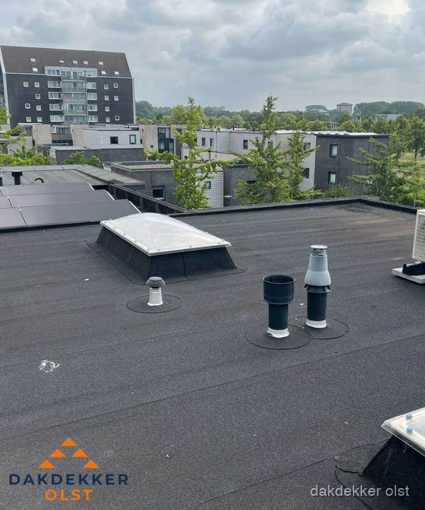 Groot plat dak met lichtkoepel en dakdoorvoeren in Olst Groot plat dak met lichtkoepel en dakdoorvoeren in Olst