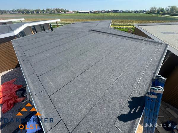 Nieuw bitumen plat dak met uitzicht over landschap in Olst