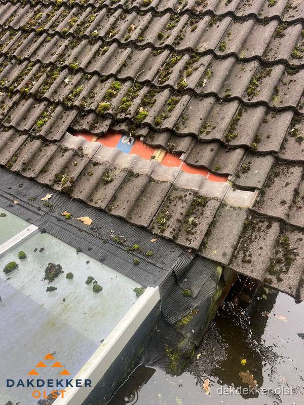 Beschadigd pannendak met ontbrekende dakpannen voor reparatie in Olst