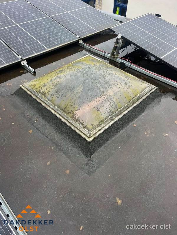 Vervuilde lichtkoepel op plat dak met zonnepanelen in Olst Vervuilde lichtkoepel op plat dak met zonnepanelen in Olst